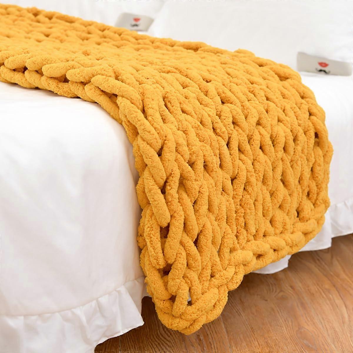 Chunky Knitted Blanket, Double-Sided Fluffy Cuddly Throw, Yellow, 100 x 120 cm, For Bed, Sofa, And Armchair