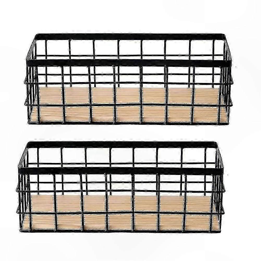 Set of 2 Metal Storage Baskets with Wooden Base for Home Organization and Decor, Wire Baskets for Storage Solutions
