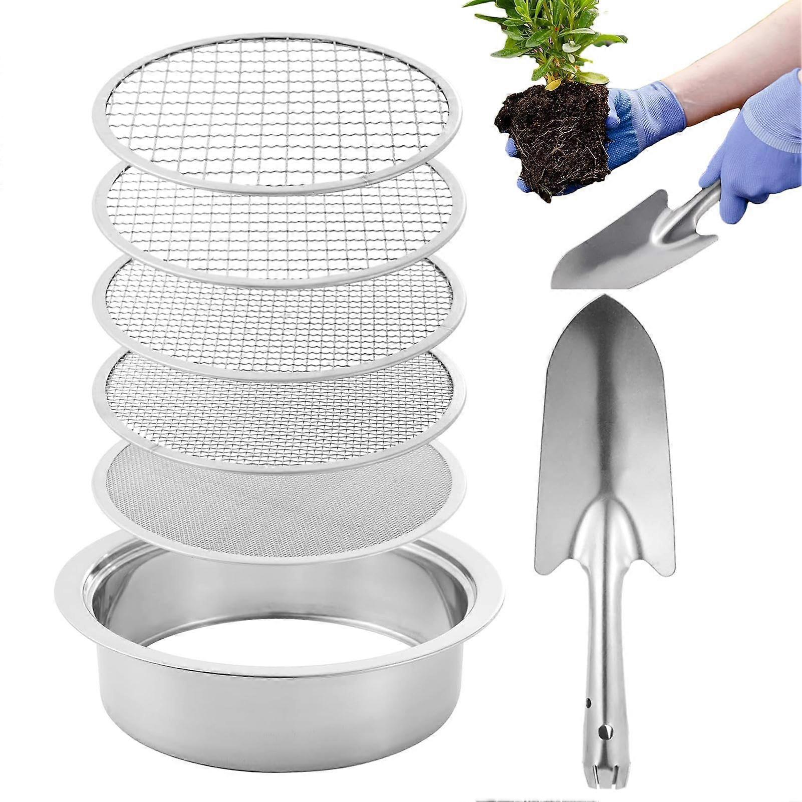 Compost Strainer - Stainless Steel Soil Strainer with 5 Interchangeable Mesh Sizes 1/3/6/9/12mm and Stackable Shovel Pan