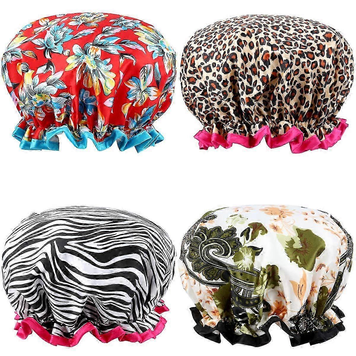 Extra Large Shower Caps 4 Pack - Waterproof Double Layer Bath Caps for All Hair Lengths & Thicknesses