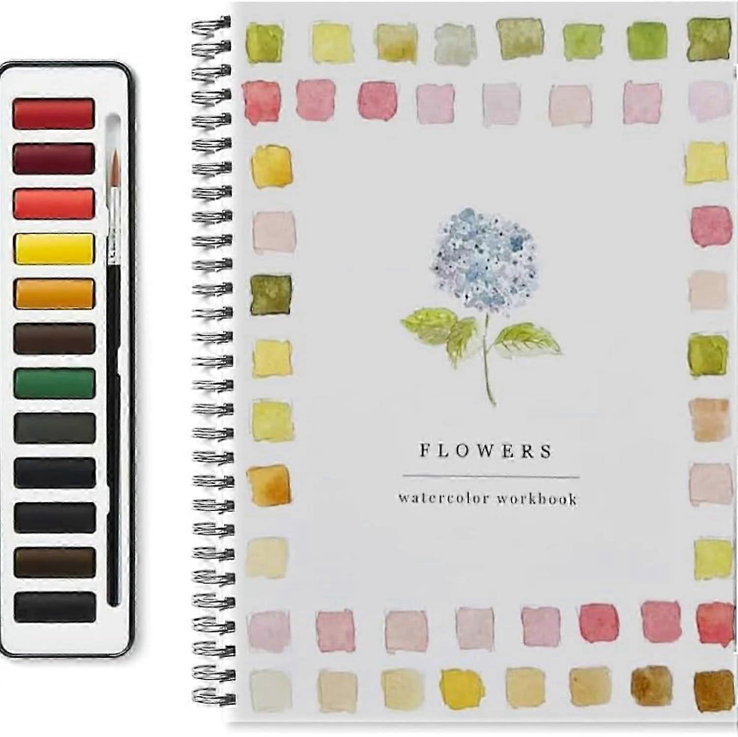 Livro de exercícios de aquarela para iniciantes com conjunto de tintas de 12 cores e pincel
