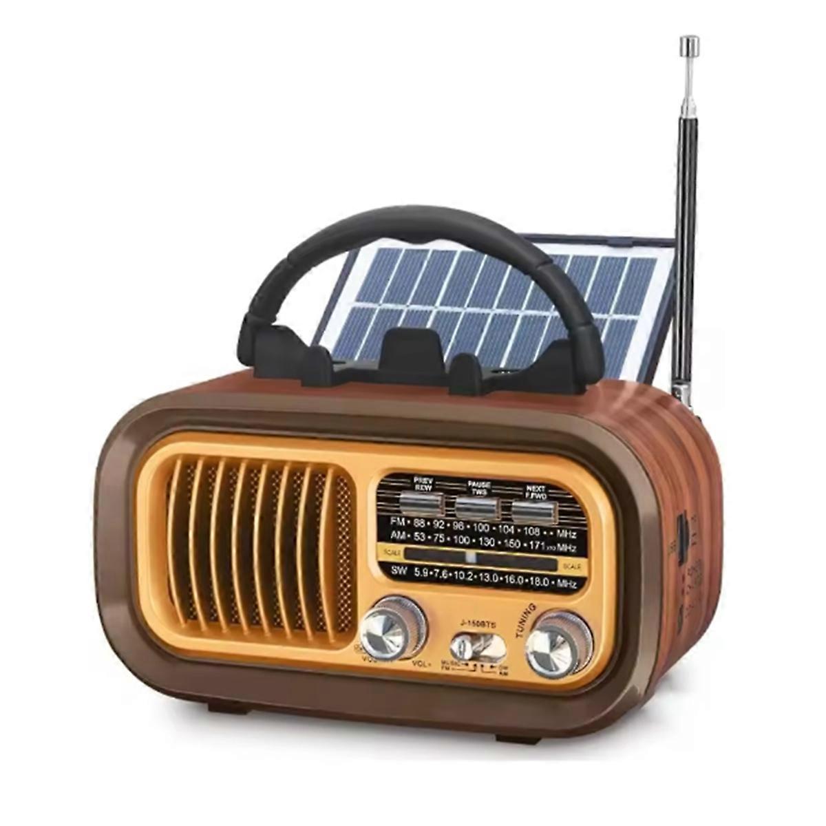Radio portable rétro - AM/FM/SW, Bluetooth, solaire/batterie D/USB-C, lecture TF/USB, son vintage