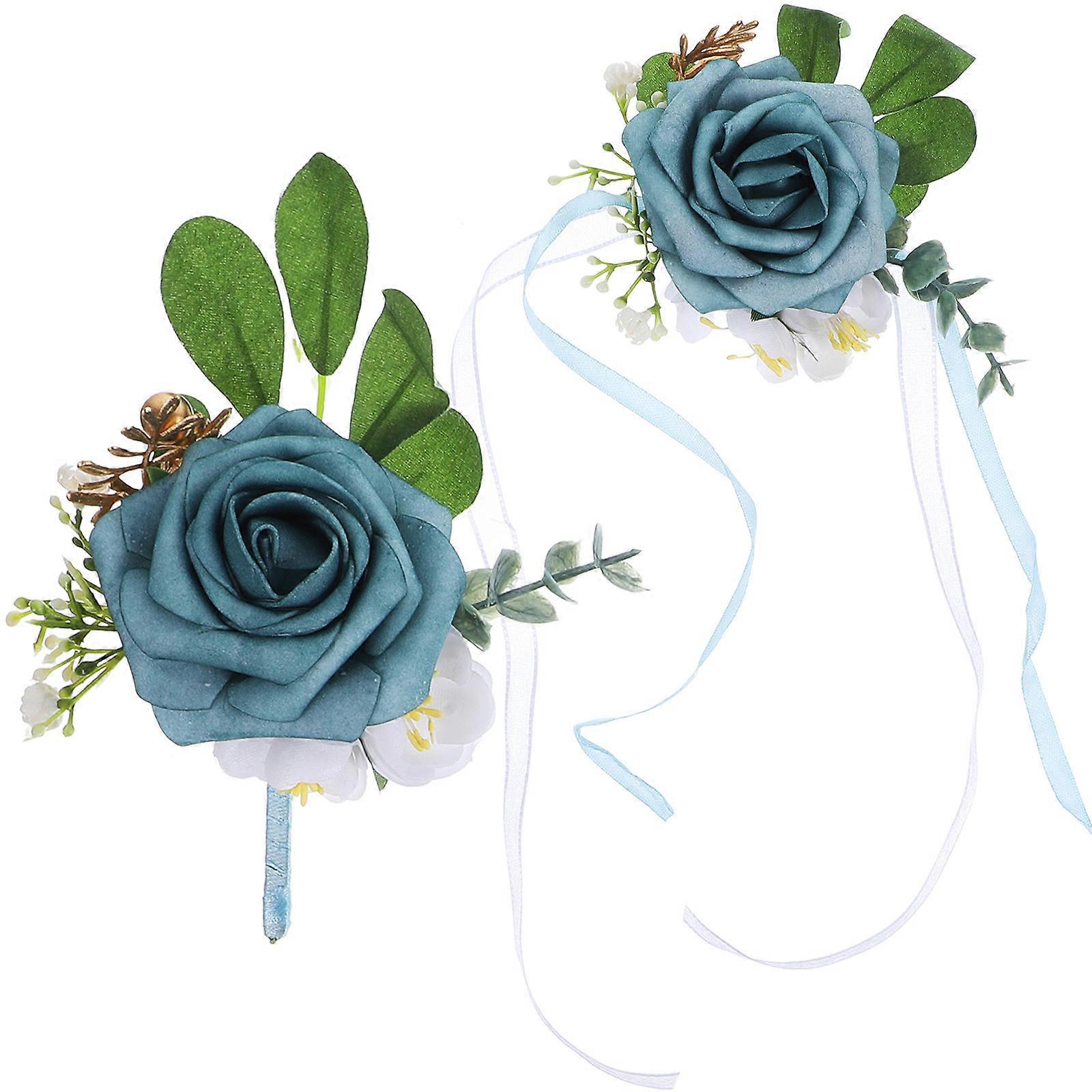 Sky-Blue Corsage Bracelet And Boutonniere Set Perfect For Wedding Occasions Designed For Adults With Elegant Style 2 Sets