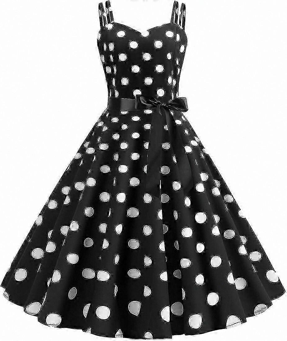 Vintage Sleeveless Polka Dot A-Line Swing Dress with Strap for Cocktail and Tea Parties