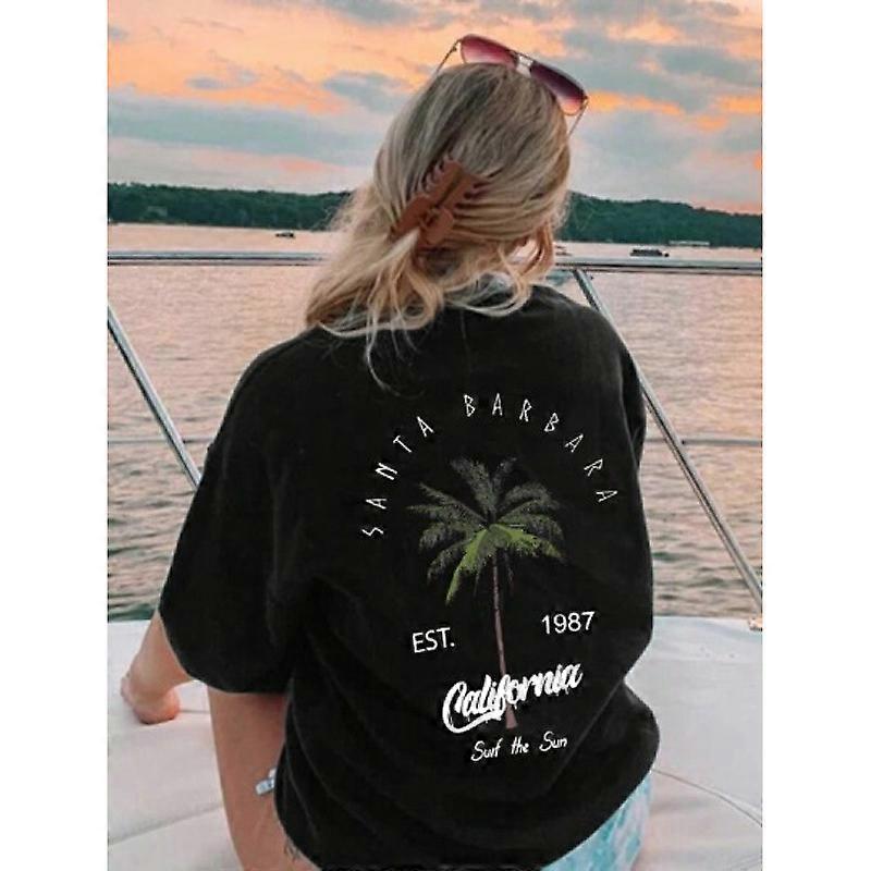Women's Coconut Tree & Letter Print Drop Shoulder Sleeve TS
