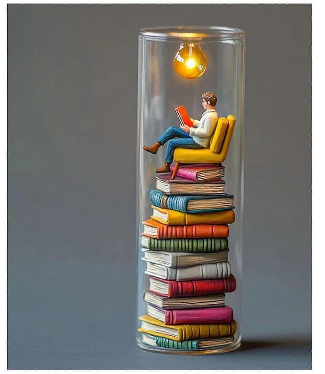 Reader Night Light Miniature Book Lover Lamp With LED Light Reading Figurine Tiny Bookshelf Library Statue Model E Gift