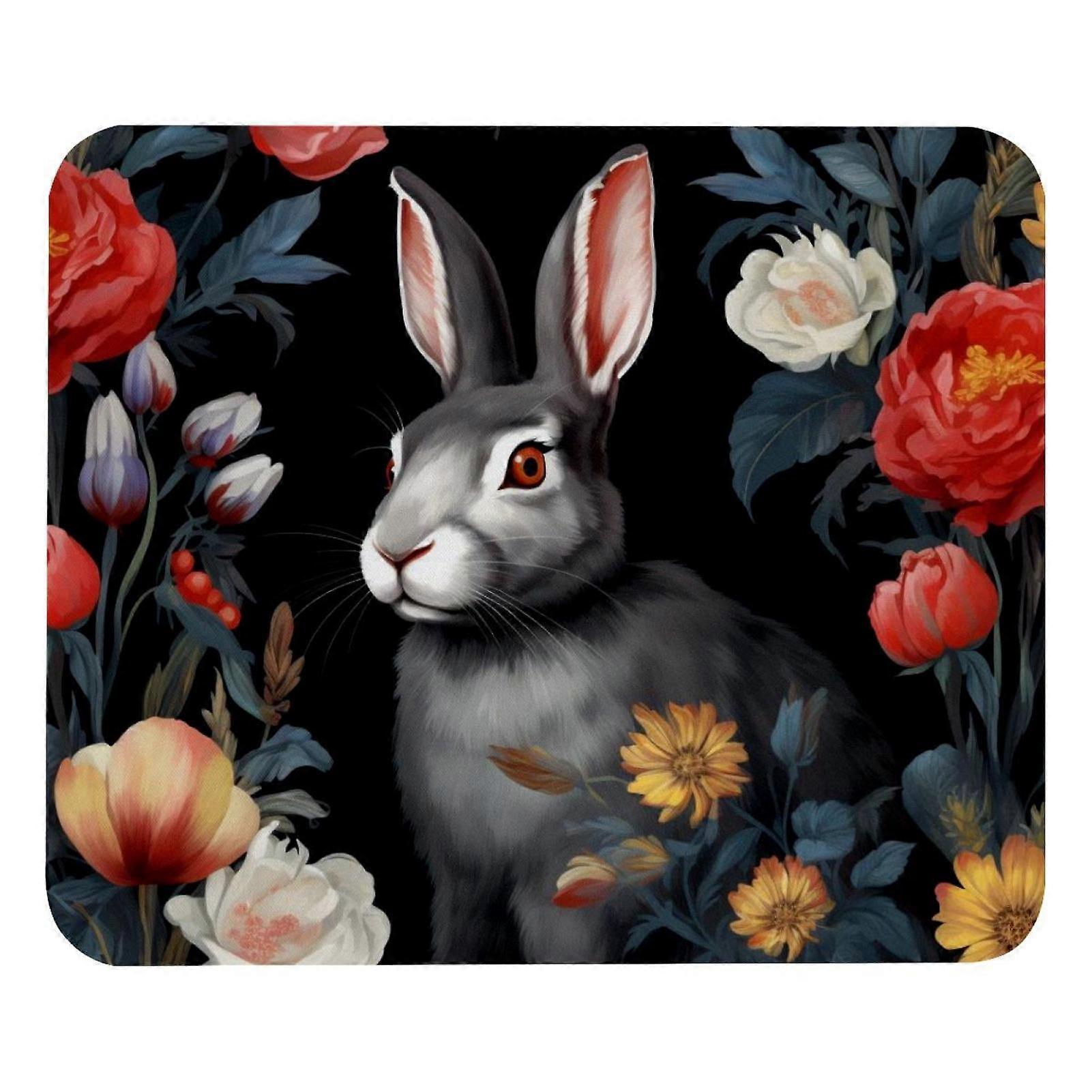 Mousepad quadrado preto com estampa de coelho e flor, em tecido com base emborrachada, 21 x 25 cm (8,3 x 9,8 polegadas).