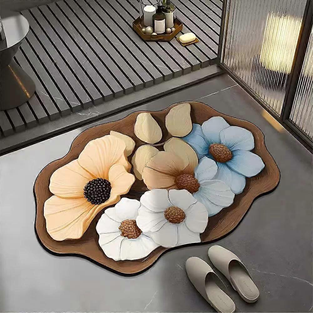 3D Bathroom Mat with Realistic Flower Pattern, NonSlip Absorbent Soft Rubber Rug (Small)