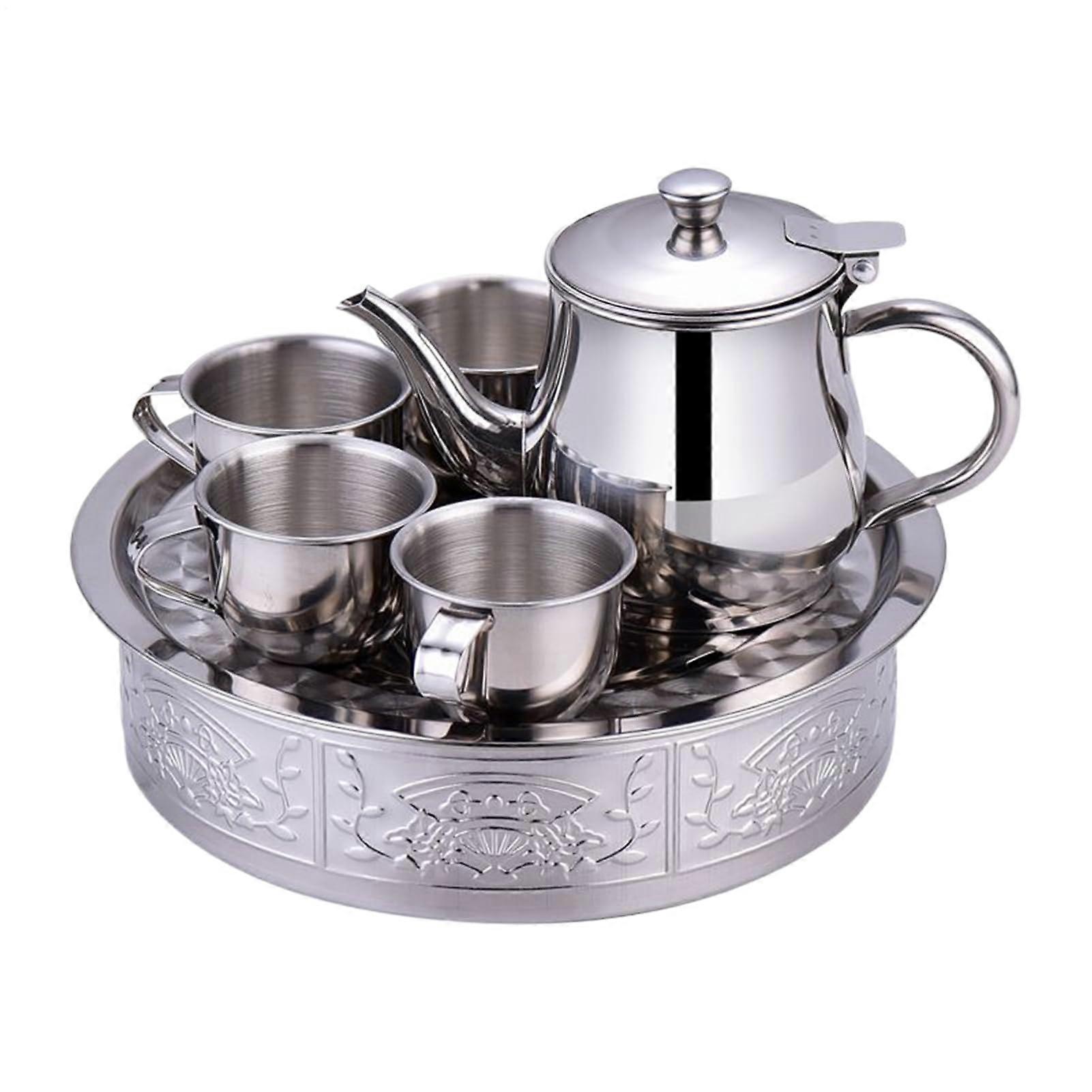Kids Stainless Steel Tea Set with 330ml Teapot, 4 Cups and Tray, Drop Resistant Design