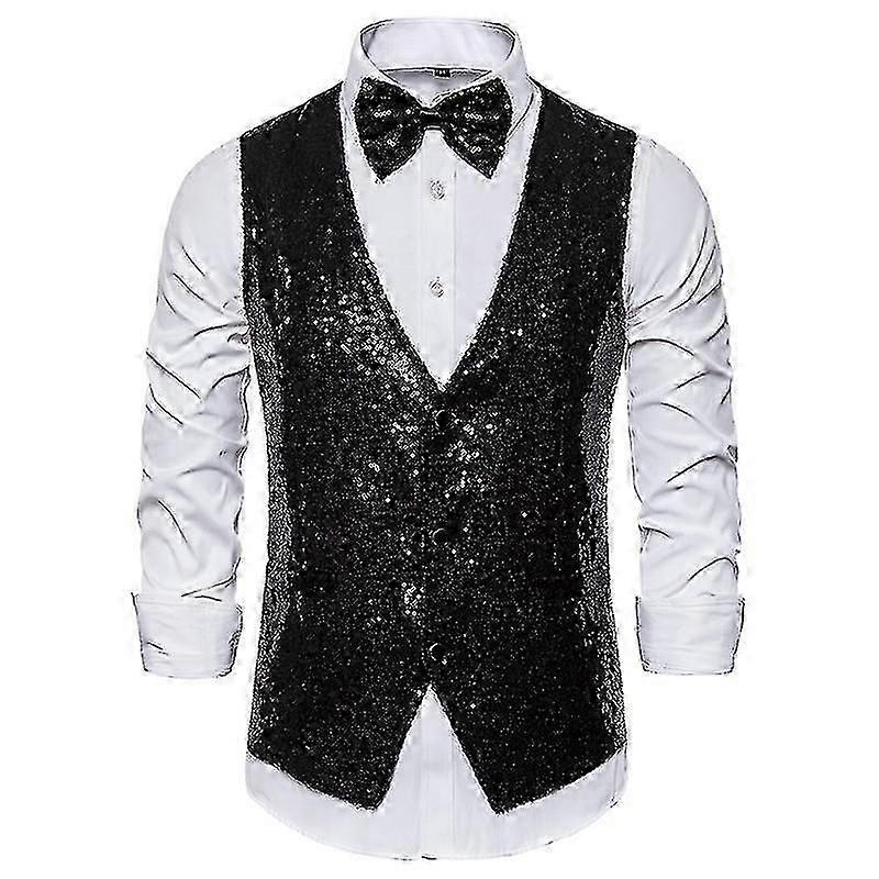 Herren Paillettenweste Shiny Anzug Weste V-Ausschnitt Party Kleid Weste mit Fliege
