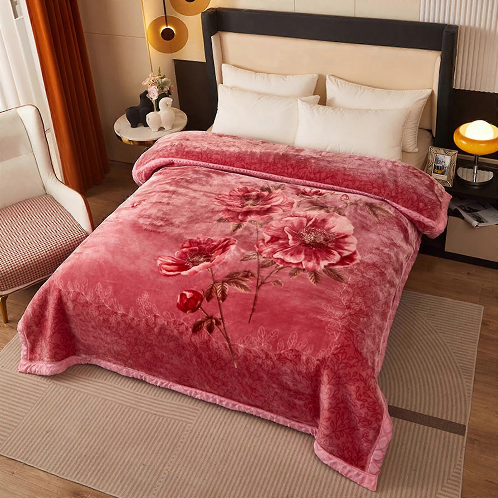 Korean Mink Blanket Queen Size Heavy Warm Floral DoubleLayer Plush Ultra Soft Weighted 78x90