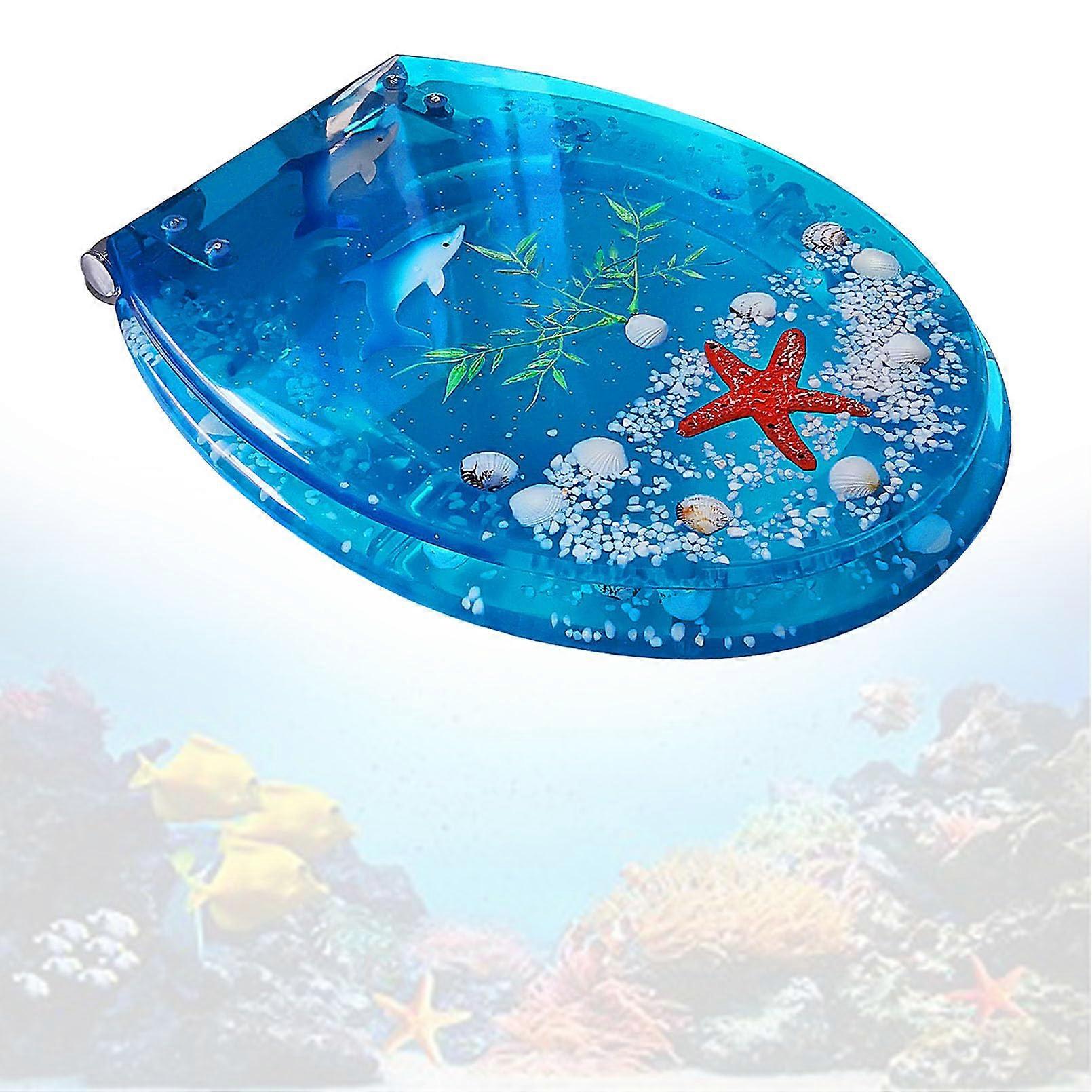 Elongated Soft Close Resin Toilet Seat with 3D Blue Dolphin Design, Universal Fit, Quick Release