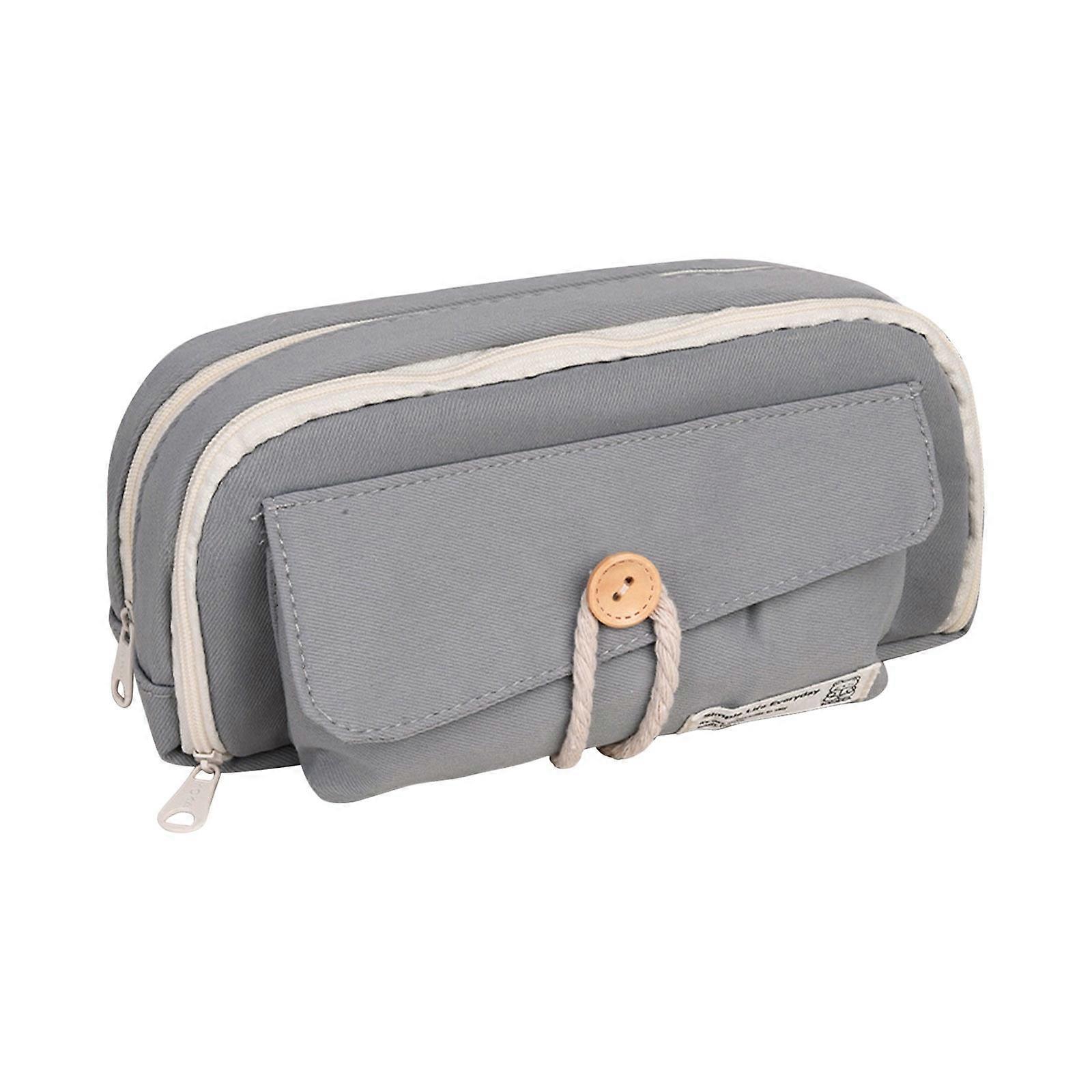 Lksixu Large Capacity Canvas Pencil Case, 3-Layer with Zipper & Compartments, Aesthetic Colored Pencil Bag with Button, Portable Stationery Organizer