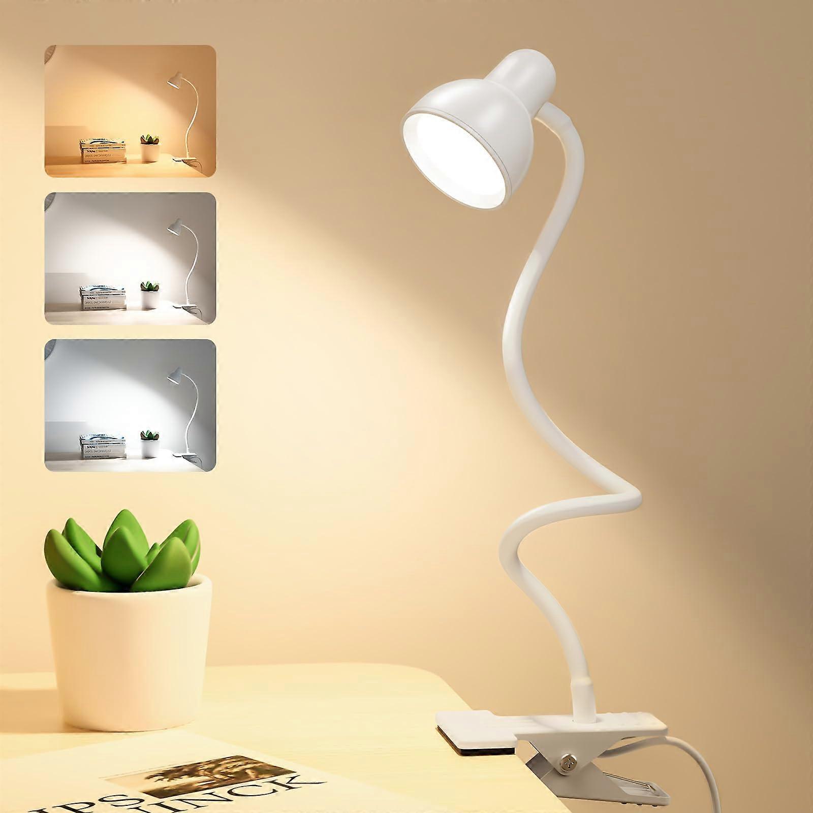 Clip On Desk Lamp LED Reading Light with 3 Color Modes, 30 Lighting Levels, Flexible Gooseneck, Eye Care USB Clamp Light for Bed and Desk White