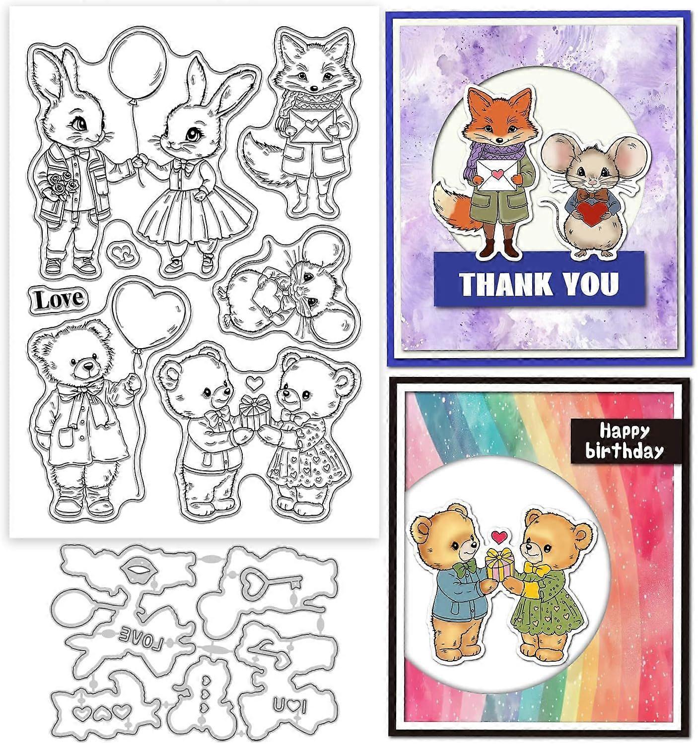 Bear and Rabbit Clear Stamps Animals Frame Cutting Dies Set for DIY Scrapbooking and Cards Making Decorative Photo Album Notebook Decoration