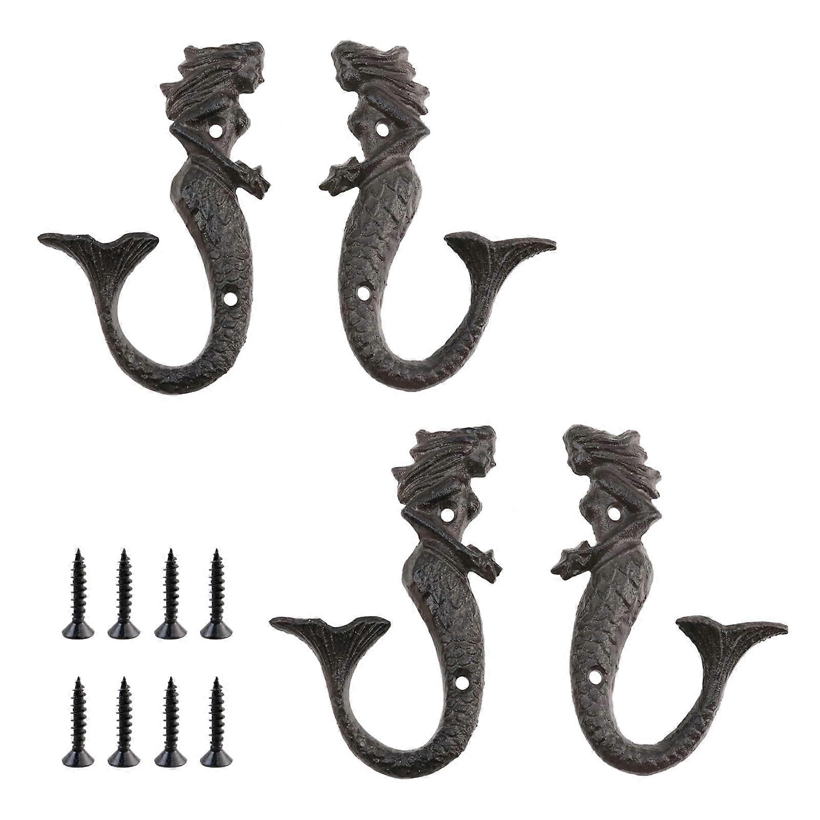 Rustic Black Mermaid Cast Iron Wall Hooks Set of 4, Durable MultiPurpose Decorative Hangers