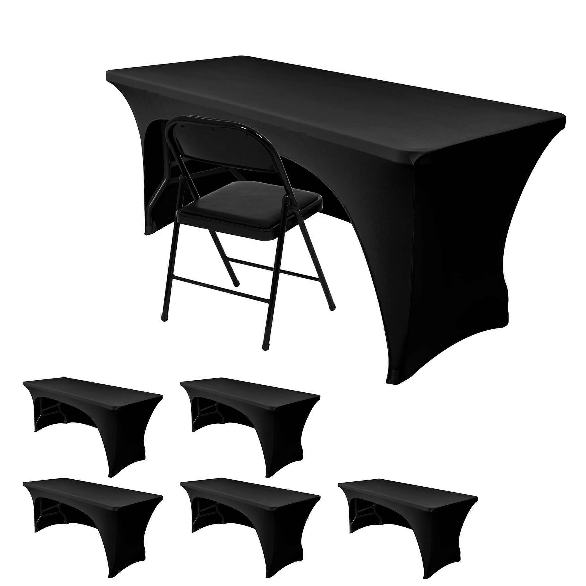 6 Pack Black 8FT Spandex Tablecloths with Open Back, Wrinkle Stretch Fitted Covers for Events