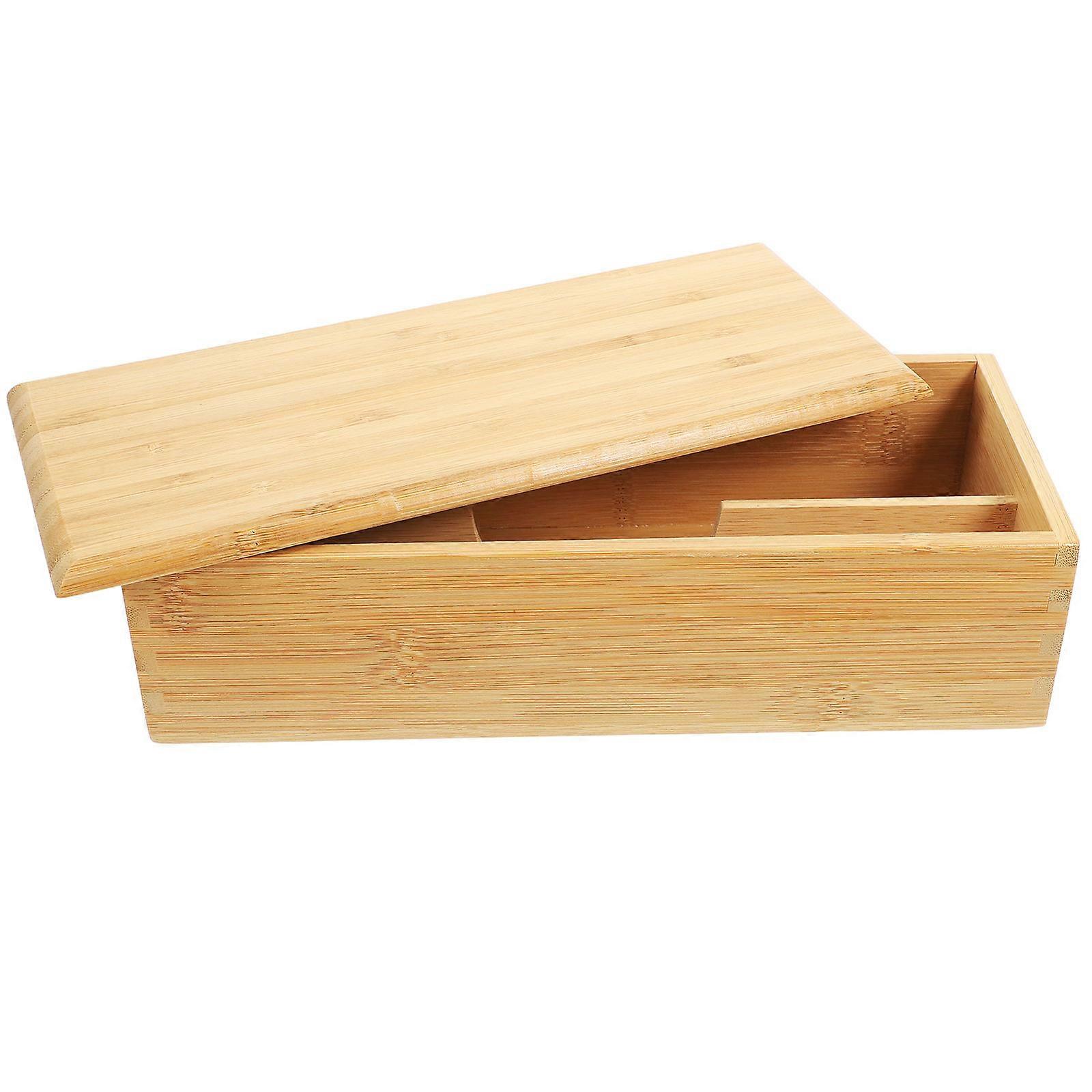 Bamboo Drawer Organizer Storage Box with Lid for Kitchen Utensil