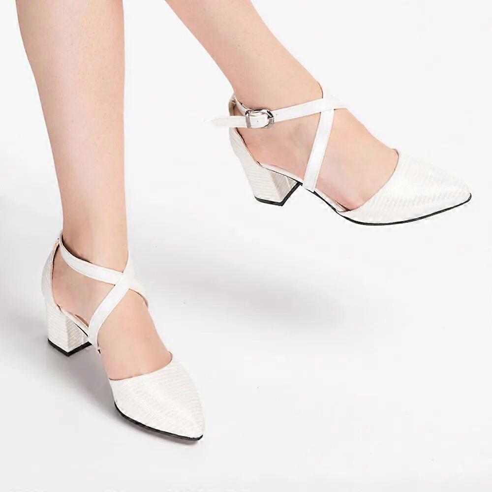 White Ankle Strap Block Heel Pumps for Women RA-803