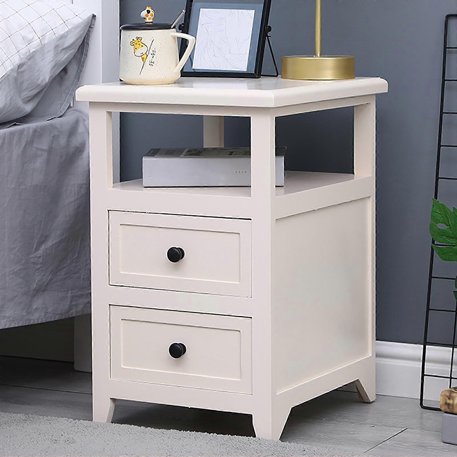 Solid Wood Ivory Bedside Table with Dual Drawers, Modern White Nightstand for Small Spaces