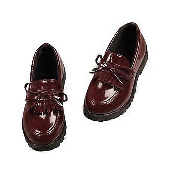 Mädchen-Plateau-Slipper, Slipper mit Kette, Blockabsatz, Leder, runde Zehenpartie, Schuluniformschuhe, Rot, 2-3 Jahre