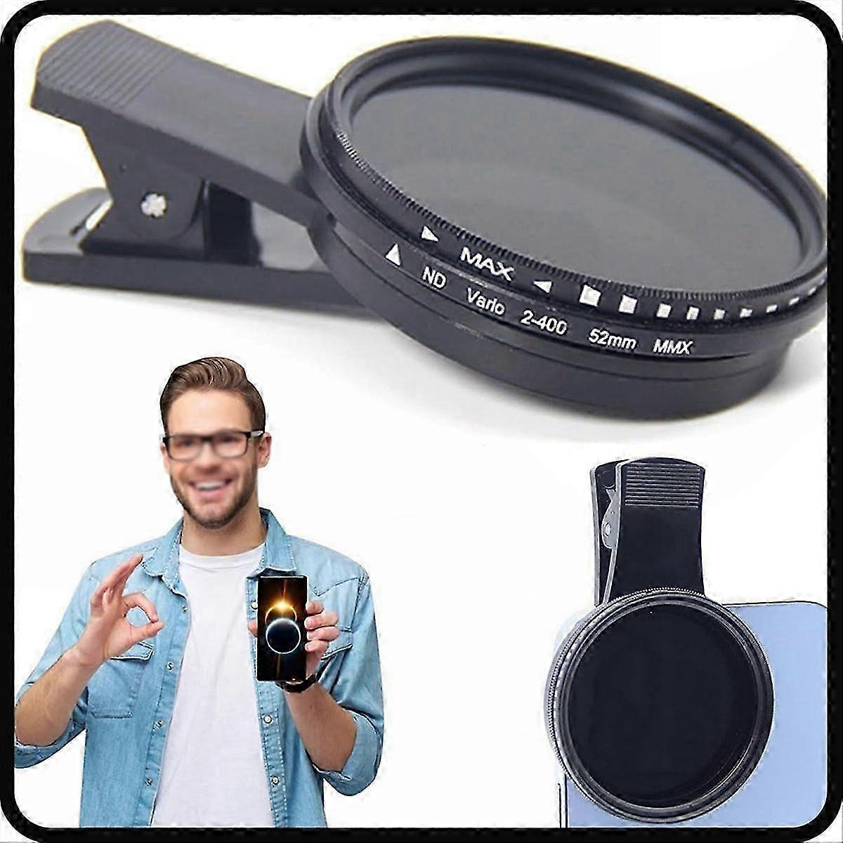 Adjustable Light Reduction & Solar Eclipse Protection: 52mm Variable ND 2-400 Smartphone Camera Lens Filter with Clip, 1 Set
