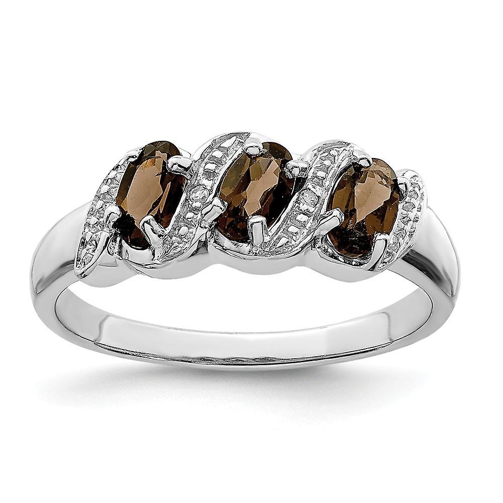 925 Sterling Silver Polished Rhodium Smokey Quartz and Diamond Ring 2mm Wide Band Style-Ring for Women - Ring Size: 6 to