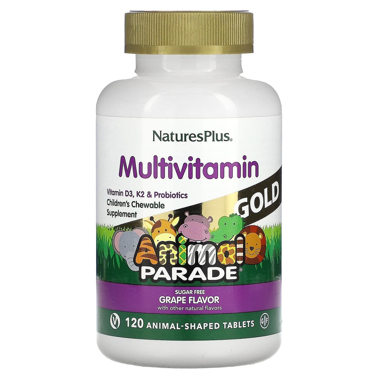 NaturesPlus, Animal Parade Gold, Children's Multivitamin Chewable Supplement, Grape, 120 Animal-Shap
