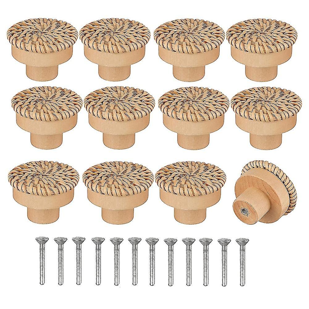 Boho Rattan Dresser Knobs Round Wooden Drawer Knobs Handmade Wicker Woven And Screws For Boho Furni