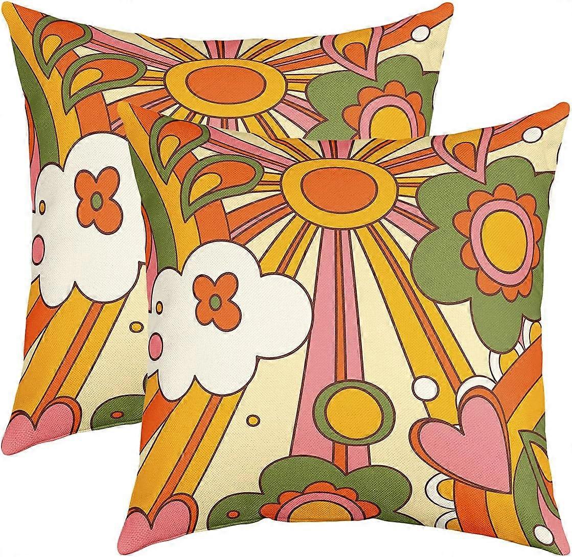 Set van 2 60S 70S Hippie kussenslopen 20 x 20 x 20 Vintage Boho zon gooien kussenslopen Groovy bloemen wolken liefde harten kussenslopen voor kinderen meisjes tieners