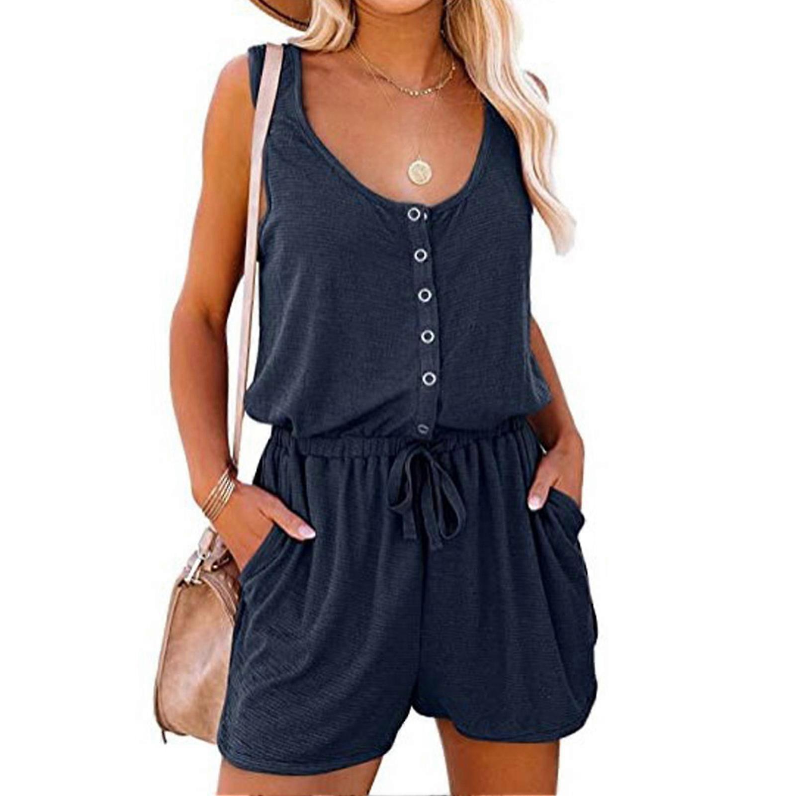 Summer Sleeveless Romper Women Casual Scoop Neck Button Down Waist Tie Tank Top Jumpsuit with Pocket Dark Blue S