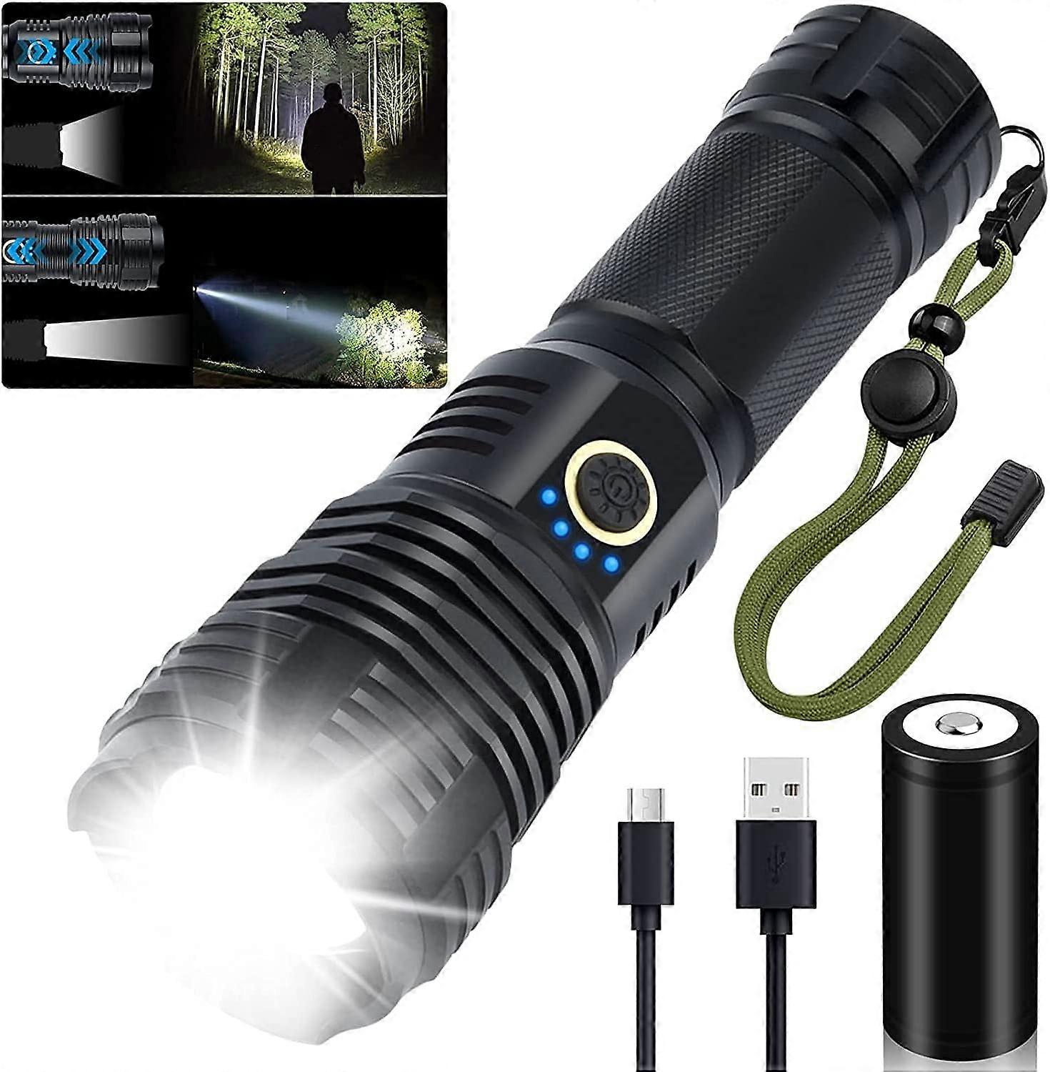10,000 Lumens LED Flashlight, Ultra Bright, Rechargeable Type-C, 5 Light Modes with Focus, 8-12 Hours Brightness for Camping, Emergencies and Power Ba