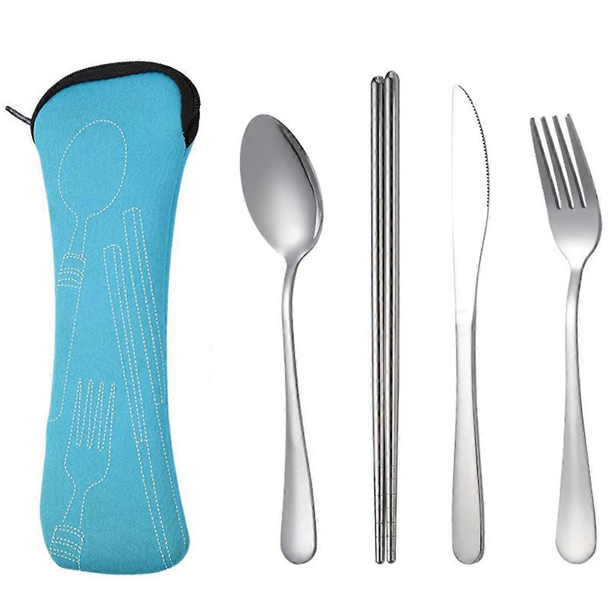 4Pcs Set Geschirr Tragbare Edelstahl Löffel Gabel Steak Messer Set Reisebesteck Geschirr mit Tasche Hellblau