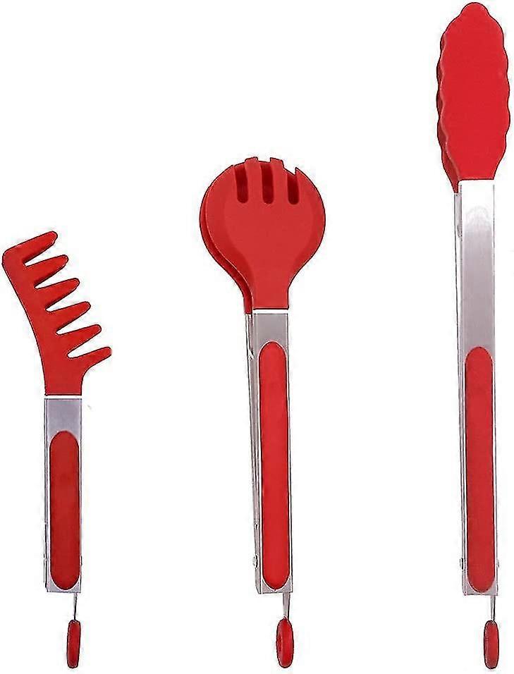 3 Pack Stainless Steel Tongs With Silicone Tips, 9 Inch Non-stick Clip Tongs For Kitchen Bbq Cooking Grilling Buffet Steak Noodle Salad - Red27cm