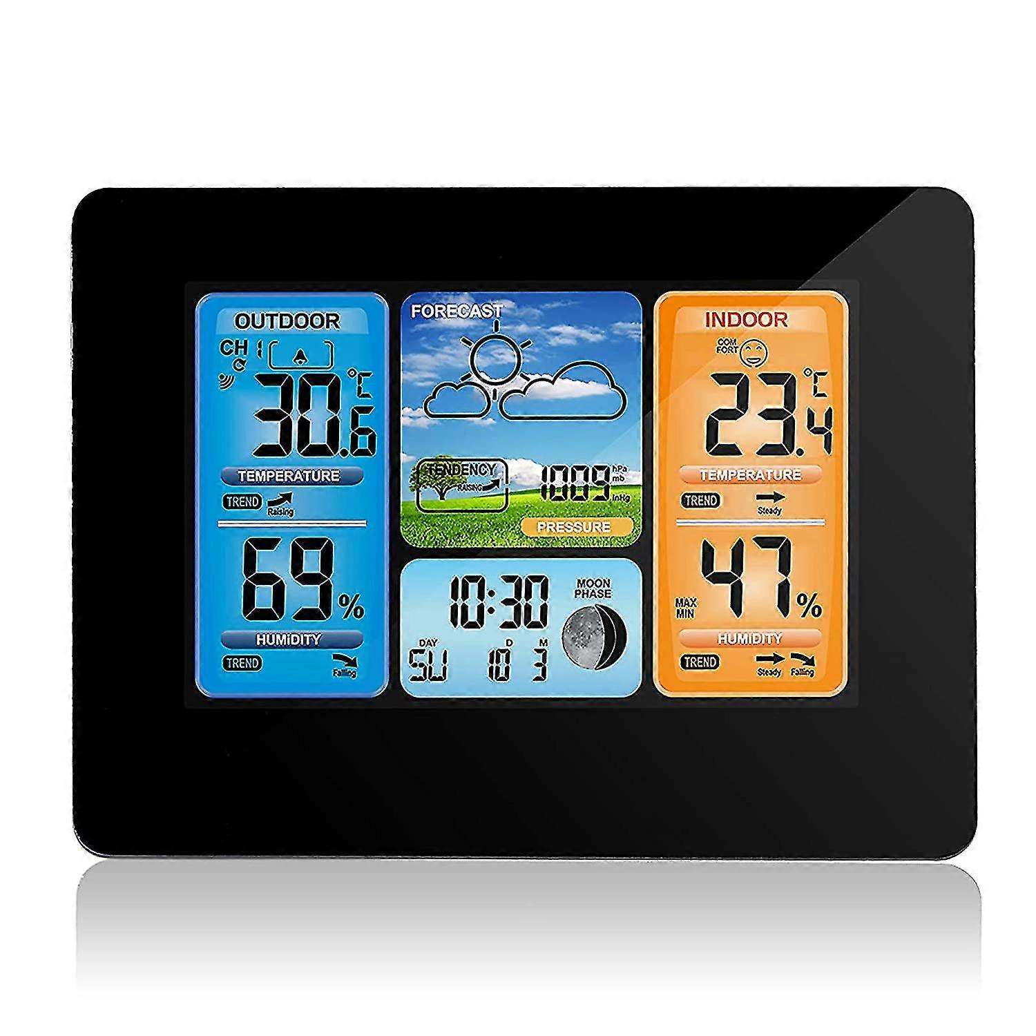 digital color forecast weather station,clock with outdoor sensor with alert,temperature,humidity(black)
