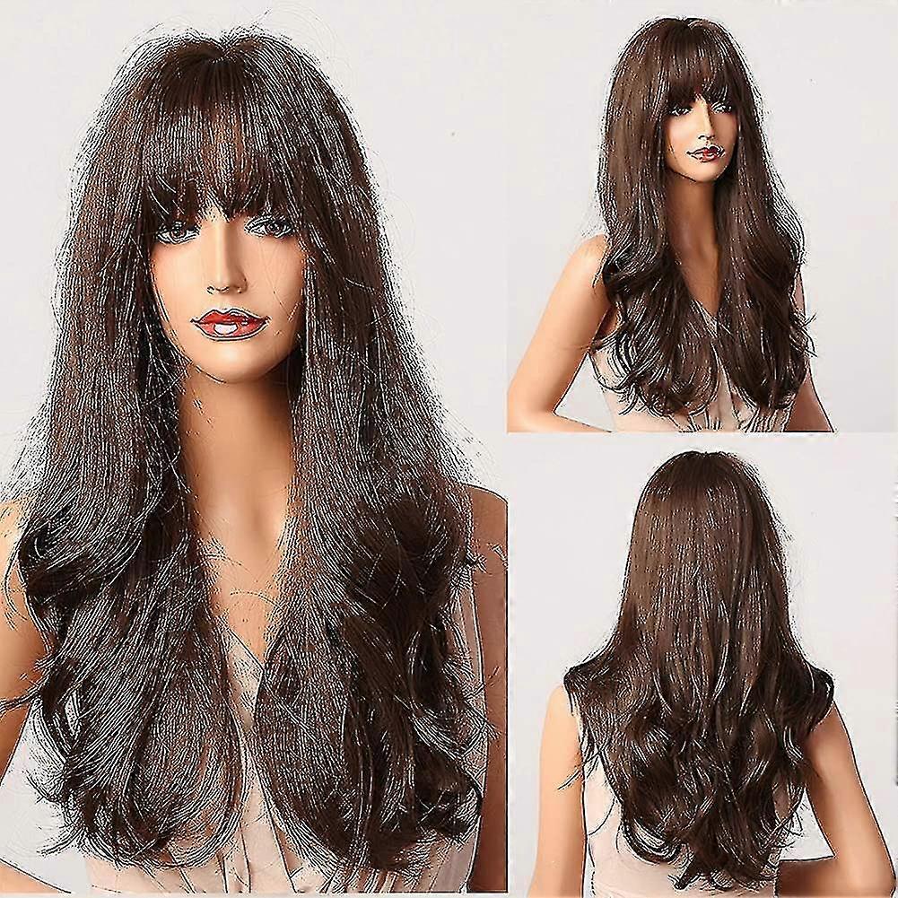 Dark Brown Wig With Bangs Natural Long Wavy Heat Resistant Synthetic W