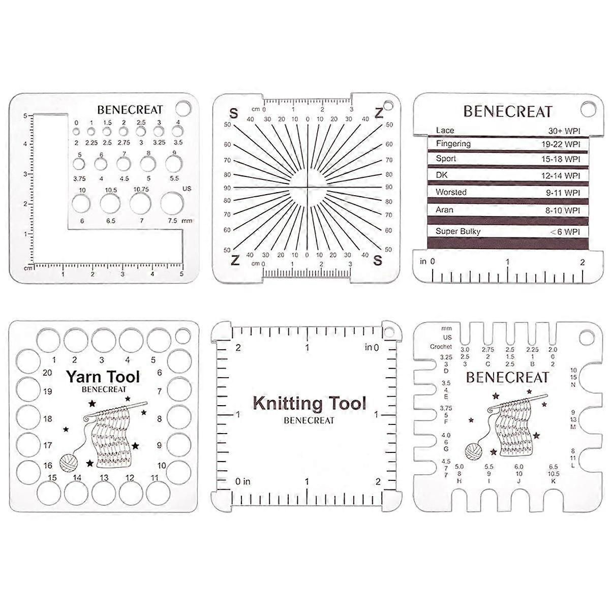 6 Styles Acrylic Rulers, Crochet Hook and Yarn Wrap Per Inch Guide Knitting Tool for Spinners Yarn