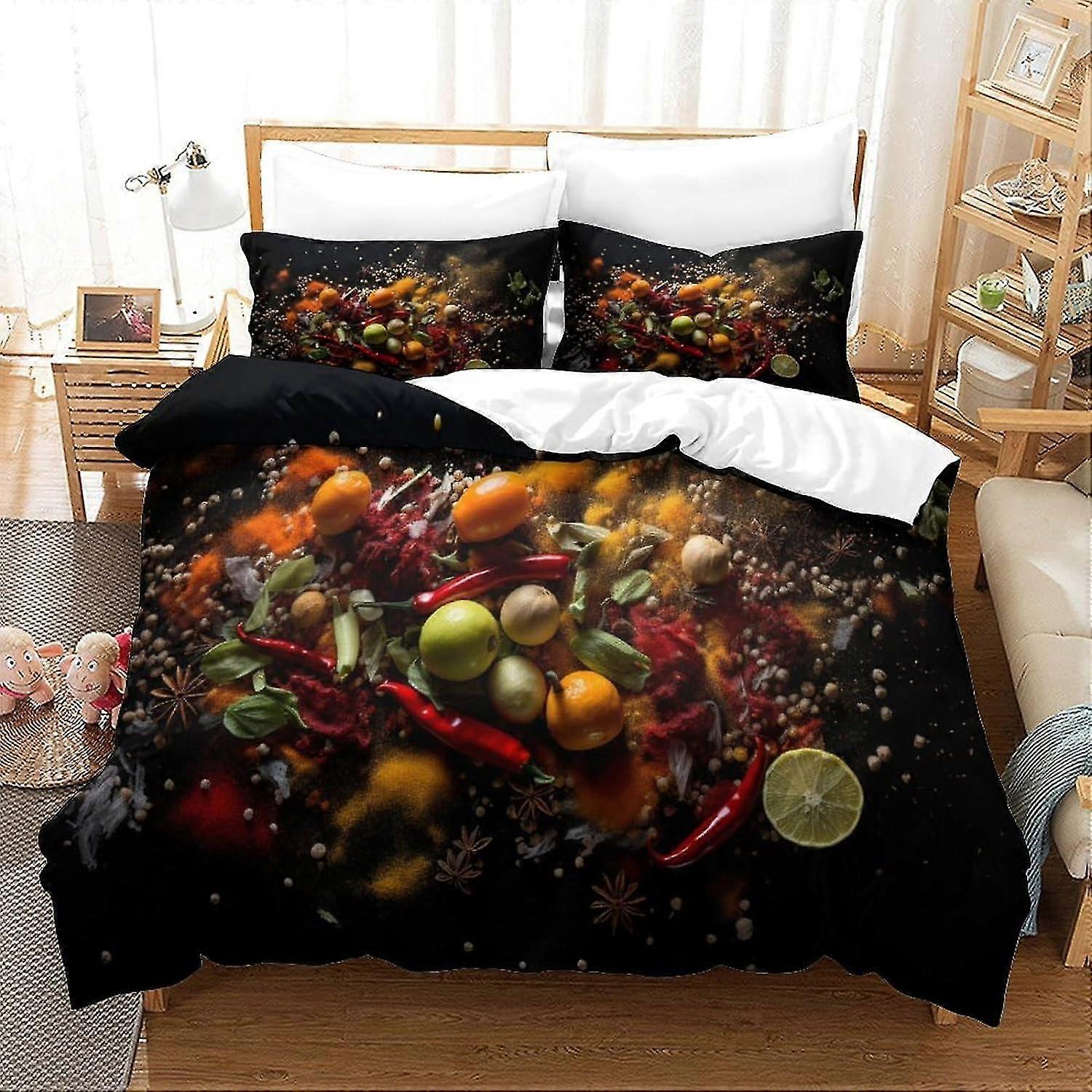 o5375 Lençóis Especial Especiarias Conjunto de Capa de Edredão 3D Artístico Impresso Conjunto de Capa de Edredão de Cama 3 Peças Microfibra Macia Capa de Edredão com Zip C