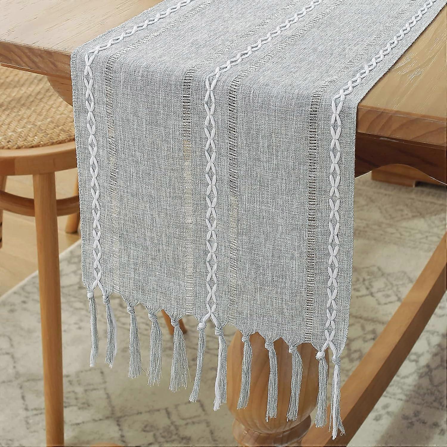 Rustic Tassel Table Runner, Farmhouse Table Runner 72 Inches Long with Tassels(Grey)