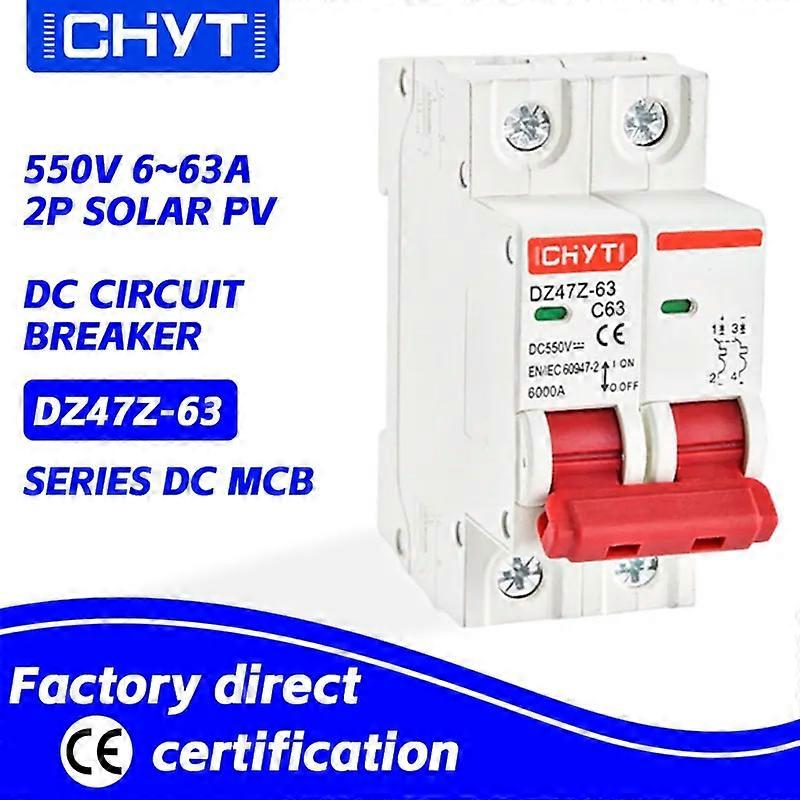 Solar Air Switch Mini Circuit Breaker MCB For Photovoltaic CHYT DZ47Z-63 1P 2P PV Din Rail DC 250V 550V 63A 6kA