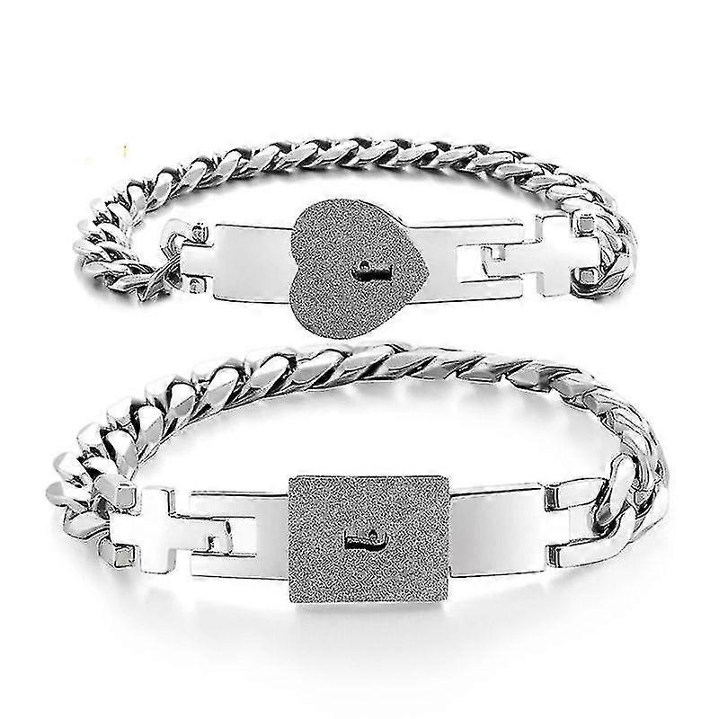 2pcs Tom de Prata Aço Inoxidável Amante Coração Amor Pulseira de Bloqueio com chave de fechadura Pulseiras Kit Casal Joias Define Presente