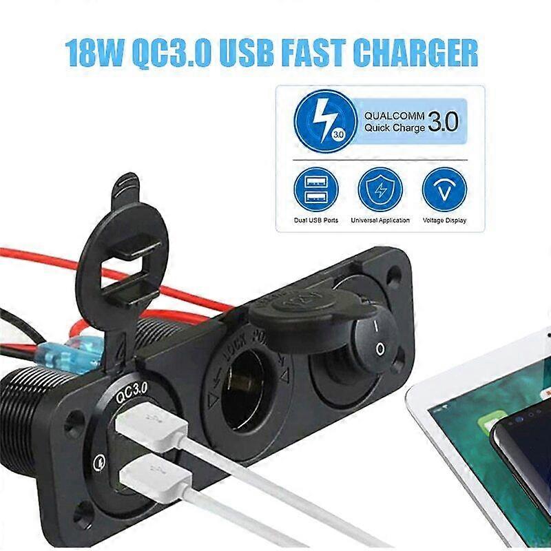 3in1 Cigarette Lighter Socket Dual USB Outlet Panel Power Socket Charger Switch