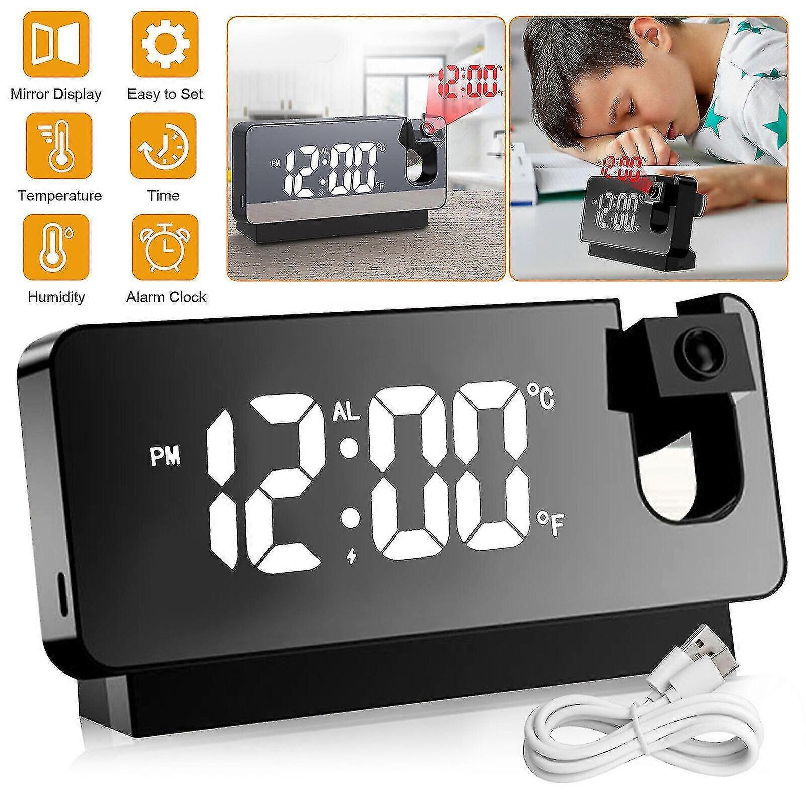Led Mirror Projection Alarm Clock Thermometer Digital Snooze Rotated Display Usb Black