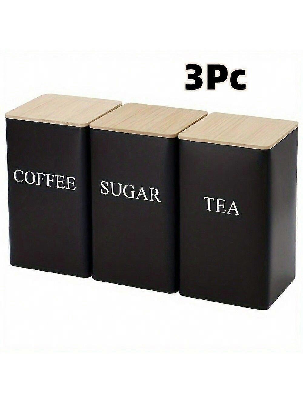 1 قطعة / 3 قطع مجموعة حاويات تخزين الحديد مع أغطية خشبية - علب المطبخ الآمنة للطعام للشاي والقهوة وتخزين السكر ، مع ملصقات محفورة ل Restauran