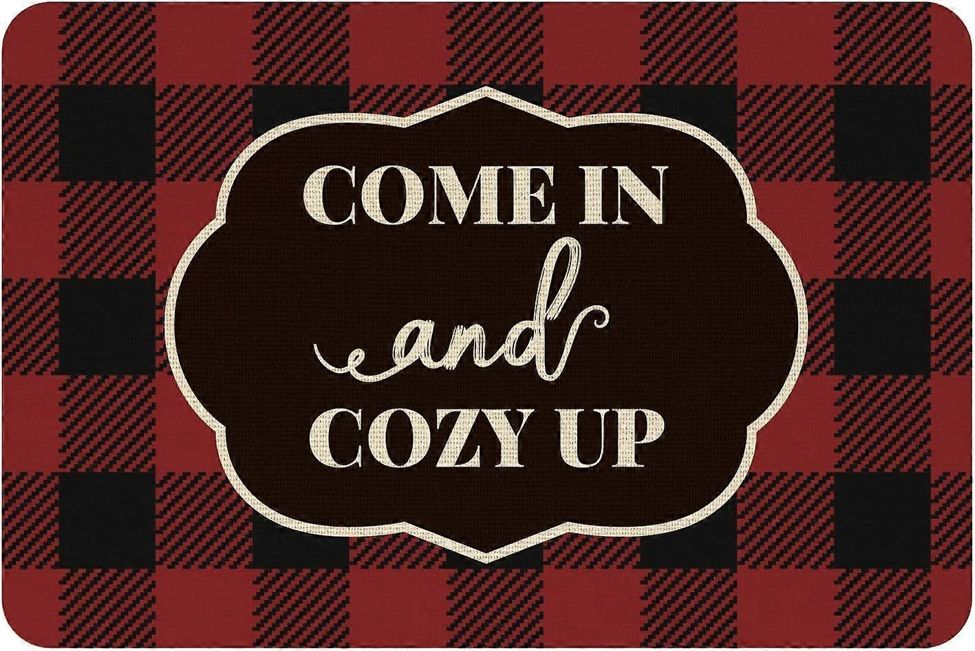 Linen and Rubber Ground Mat Rectangle with Word COME IN and COZY UP Red Word 40x60cm