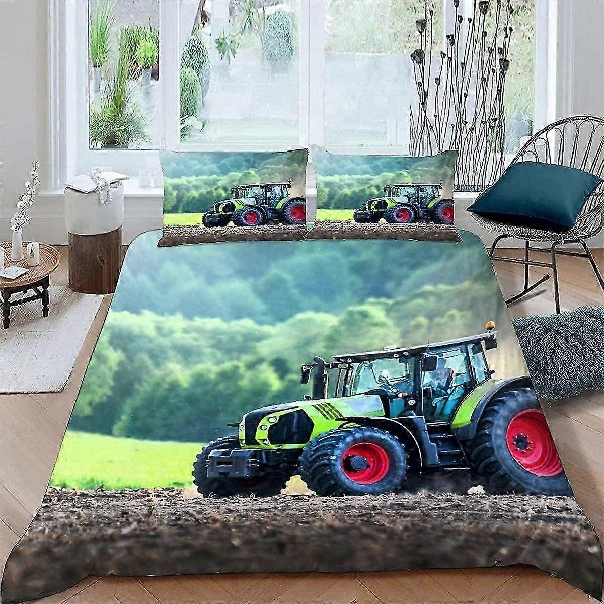Conjuntos de Cama J4328 para Trator 3D King Size 3 Peças Ultra Macio Microfibra Colheitadeira de Fazenda Capa de Edredom com Fecho de Zíper Fácil Cuidado Qui