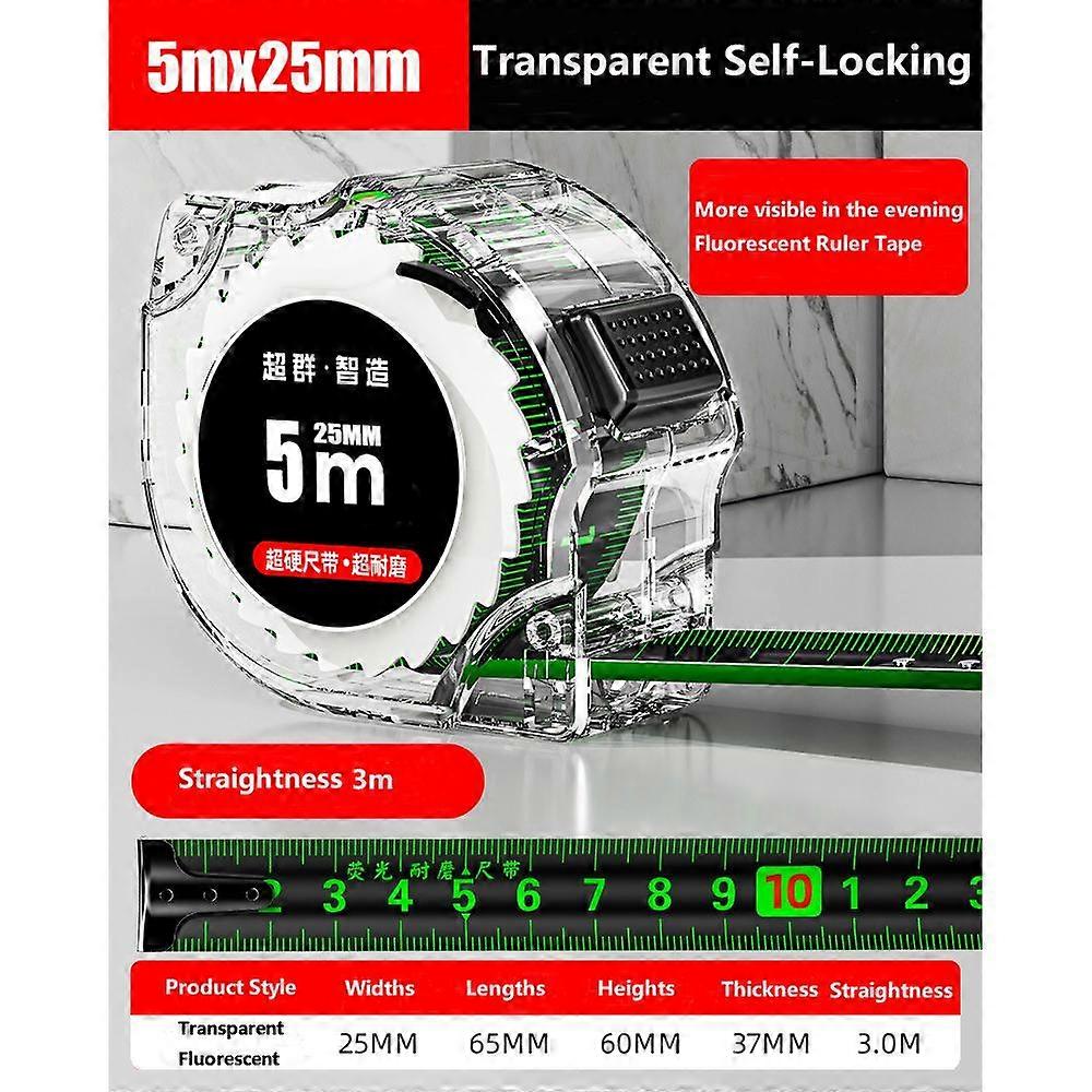 Steel Tape Measure, Self Locking Fluorescent High-Precision Laser Inkjet Code Widened Measuring Tool 5m x 25mm