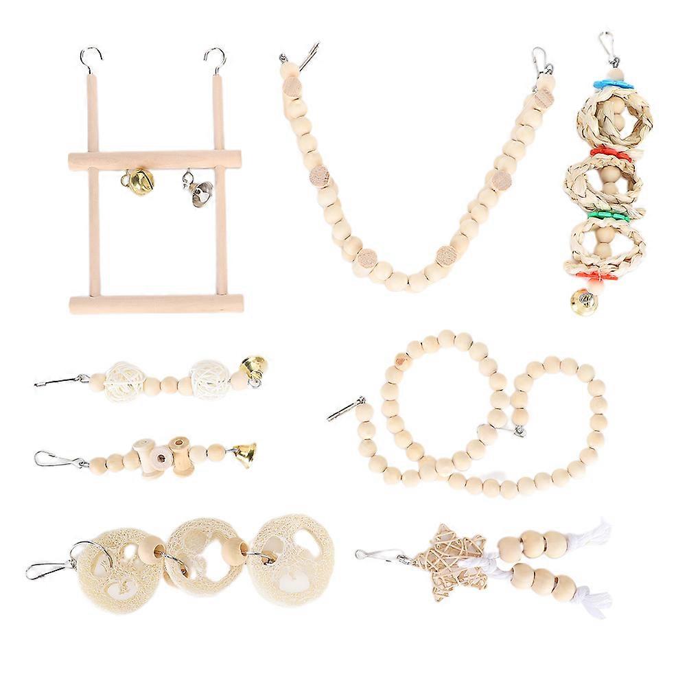 8PCS Bird Chewing Biting Toy Wood Swing Soft Ladder Bead Rotation Stairs Playing Kit