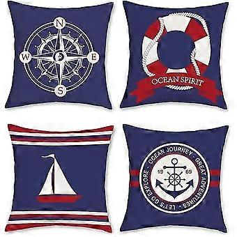 Sæt med 4 Pudebetræk 45 x 45 cm Nautisk Anker Kompas Sejlbåd Blå og Rød Polyester Linned Dekorativt Pudebetræk til Sovesofaer Stole Bil Liv