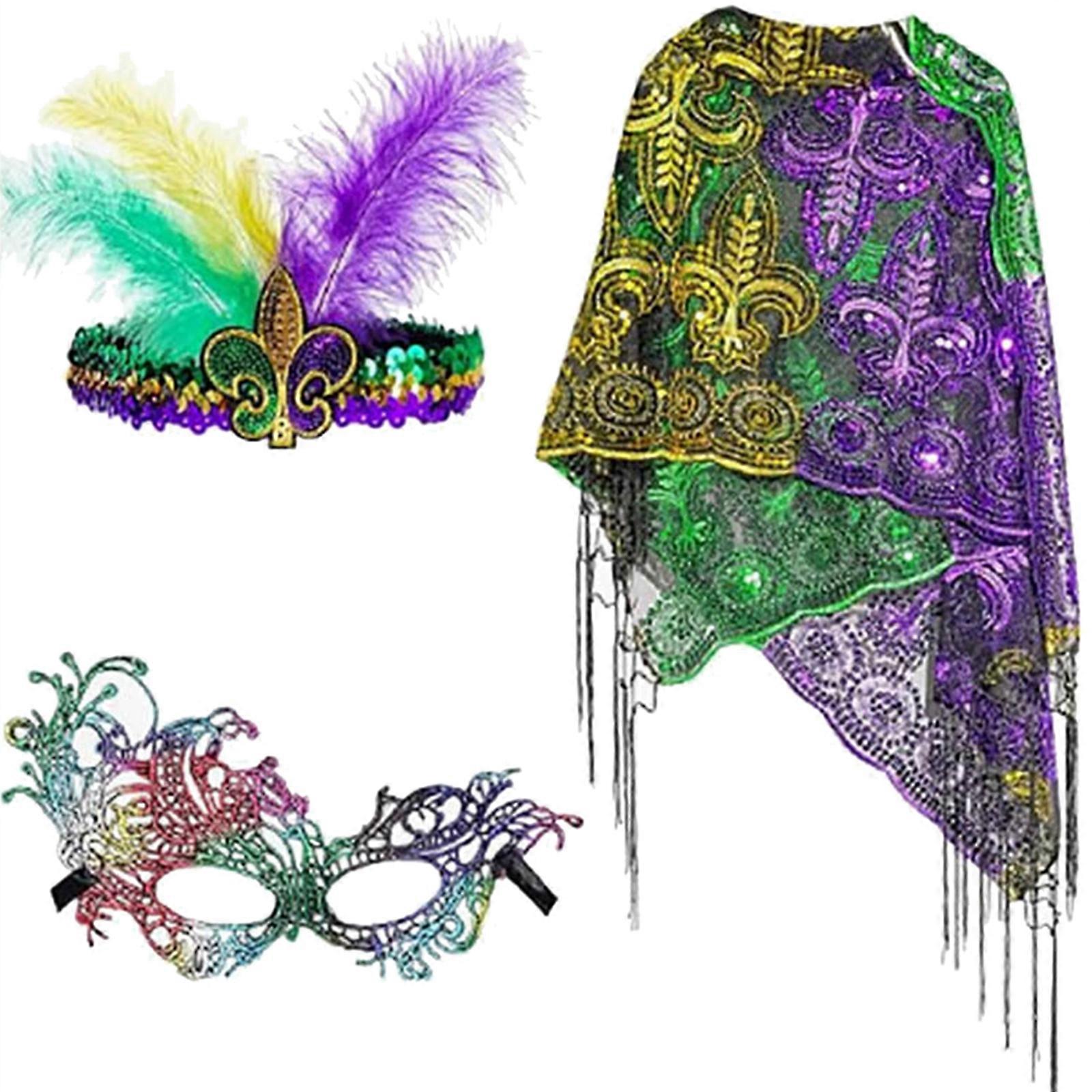 Colorful Shawl Mardi Gras Beads Sequins Headband with Feather for Parties Festive Shawl Half Mask